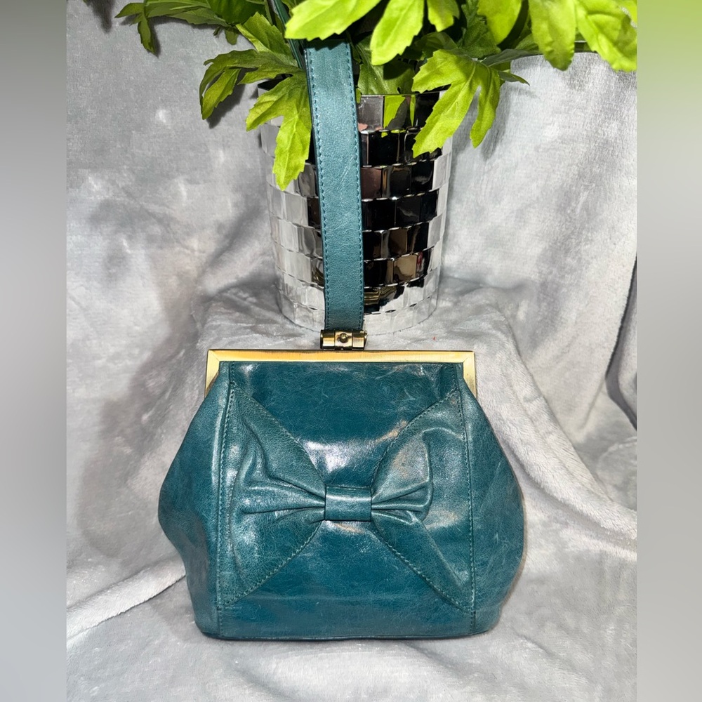 Hobo International Teal Leather Bow Kisslock Handbag VTG - Retro Frame Bag